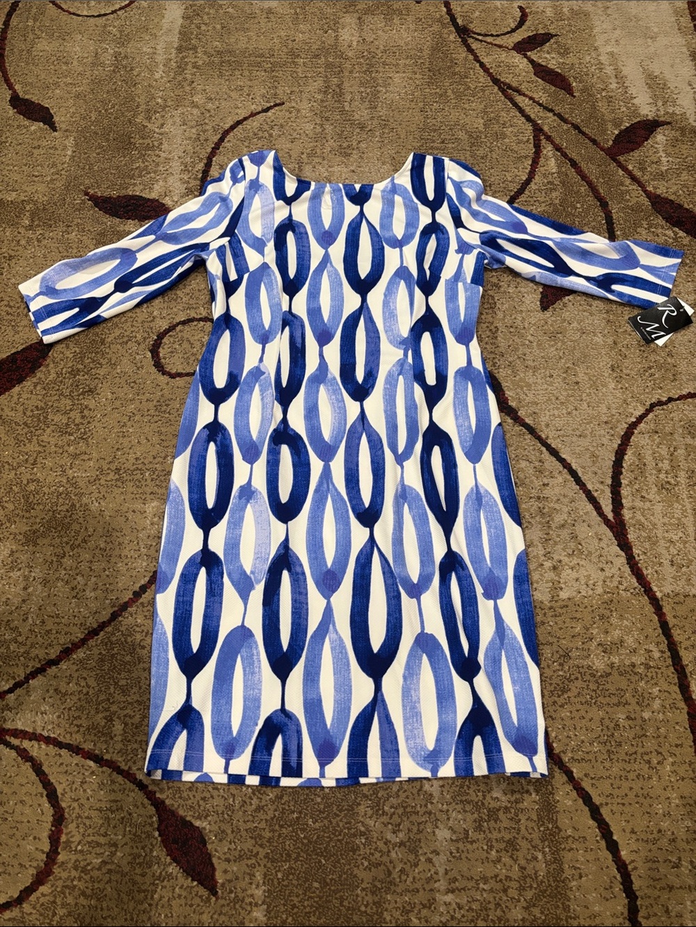R & M Richards Blue and White Long Sleeve Geometric Sheath Dress